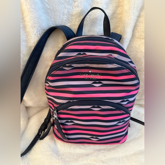 Kate Spade Pink and Black Striped Backpack - Picture 1 of 16